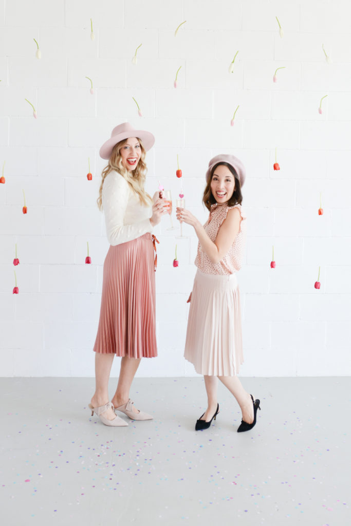 Valentine's Day photo shoot and outfit idea featuring ombre tulip backdrop