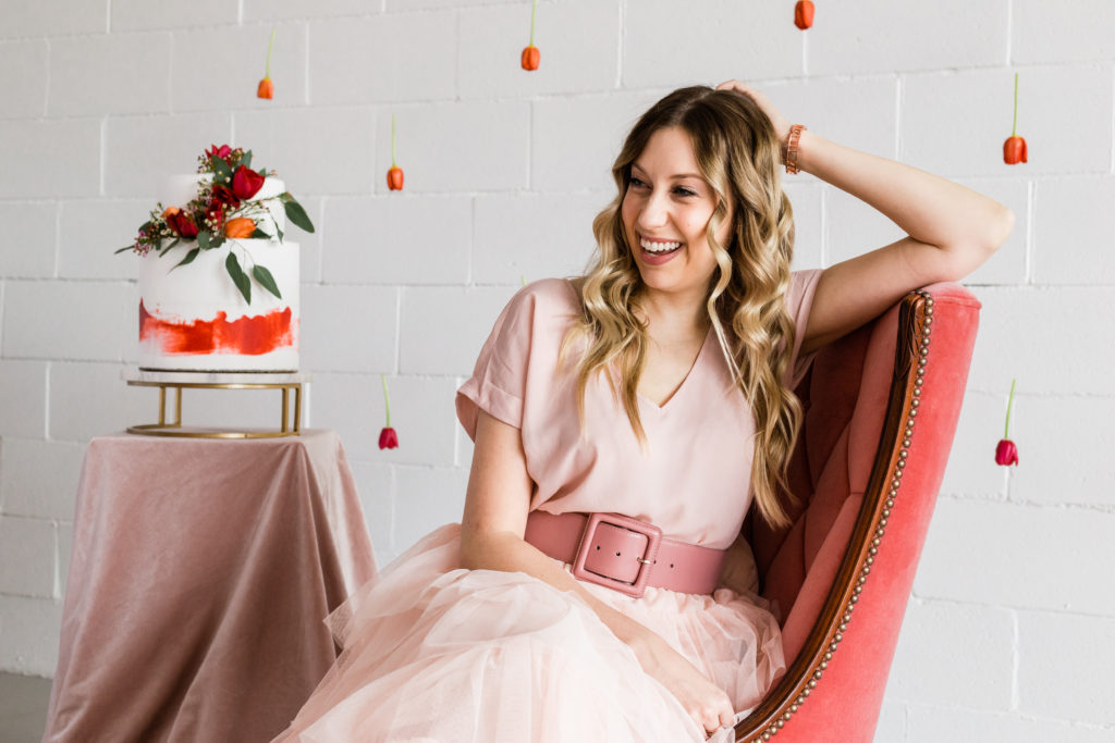 Valentine's Day photoshoot idea featuring ombre tulip backdrop