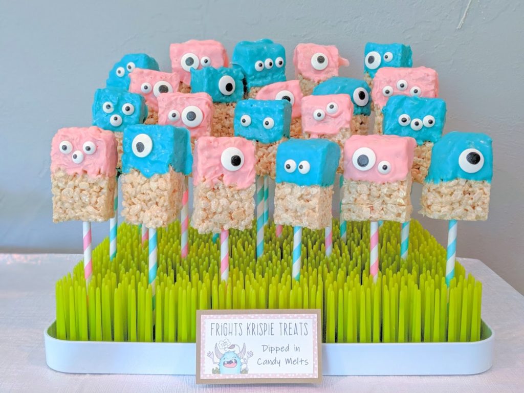 Homemade "Frights Krispie" rice krispie treats decorated to look like monsters. 