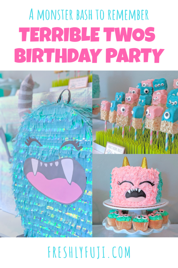 Terrible Twos Birthday Party featuring DIY pinata, DIY rice krispie treats and monster cake from Sweet Condesa Pastries. 