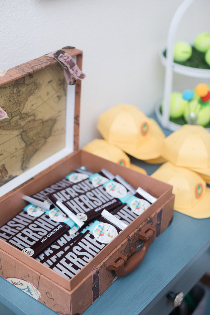 Hershey chocolate bar favors in brown suitcase