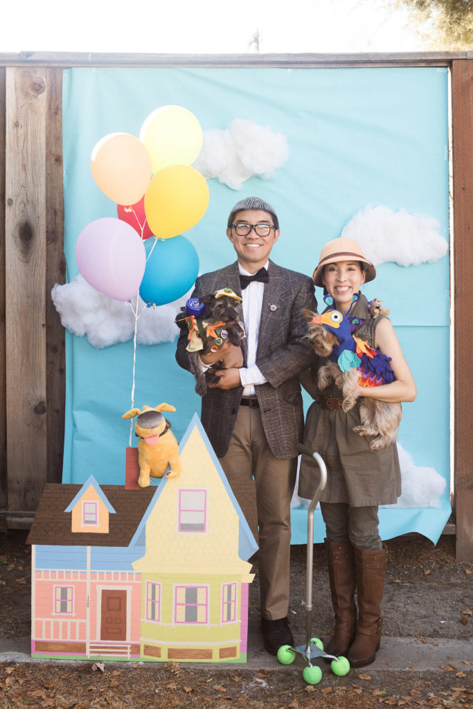 Pixar Up photobooth with Up House Prop and dressed up family