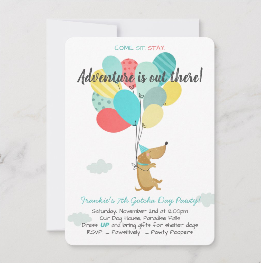 Party invitation with brown dog and colorful balloons