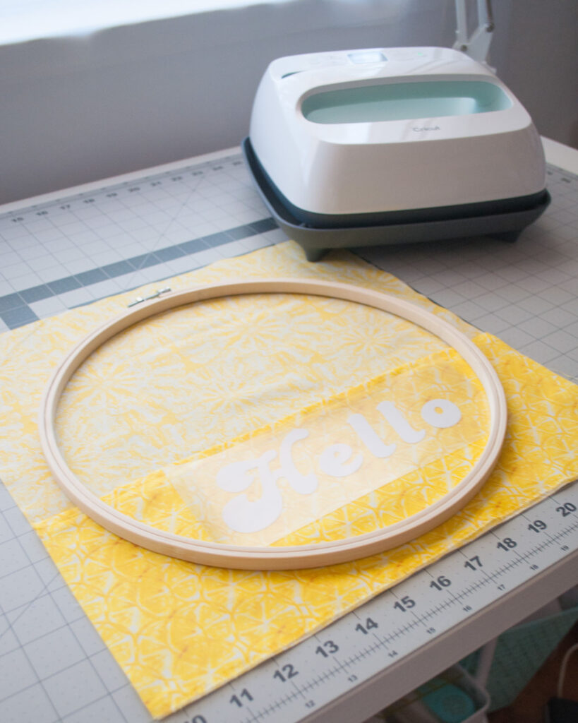 Yellow fabric and embroidery hoop project with Cricut EasyPress 2