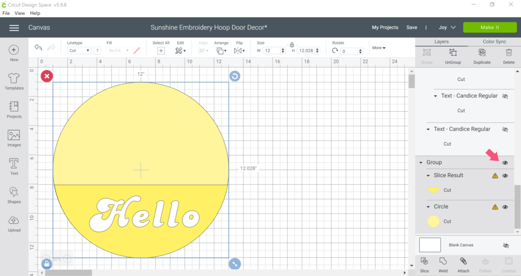 Cricut Design Space screenshot featuring "Hello" design