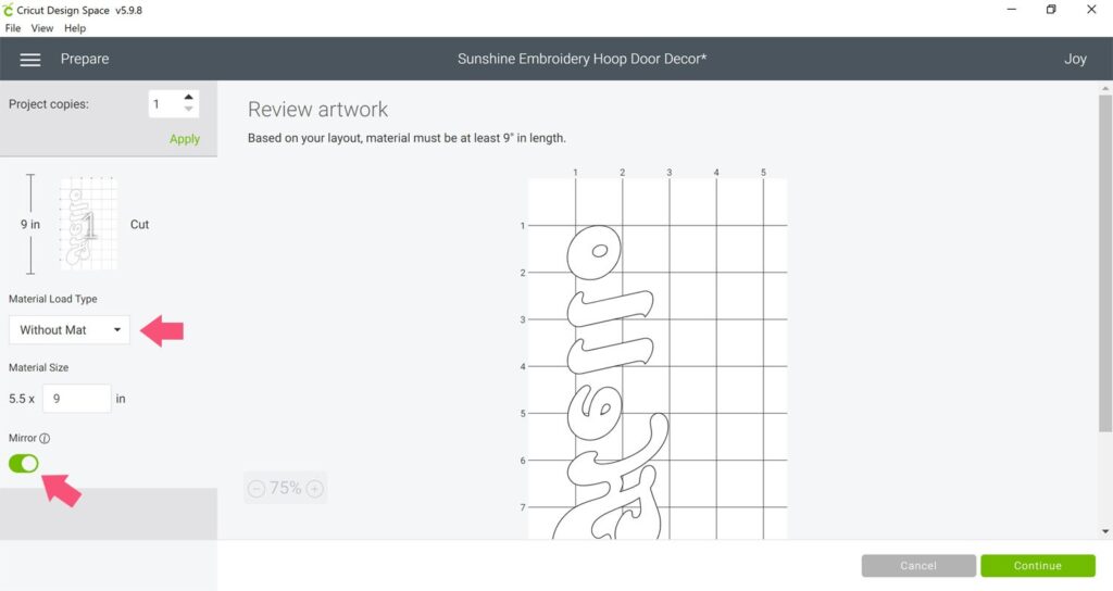 Cricut Design Space screen shot showing to select "without mat" and to "mirror" image