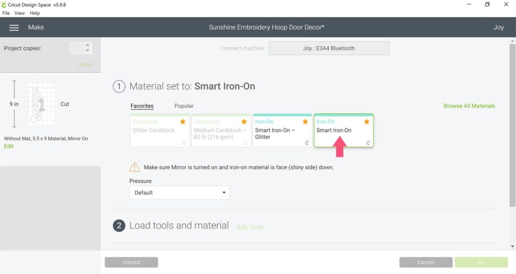 Cricut Design Space screenshot showing to select Smart Iron-On for material.