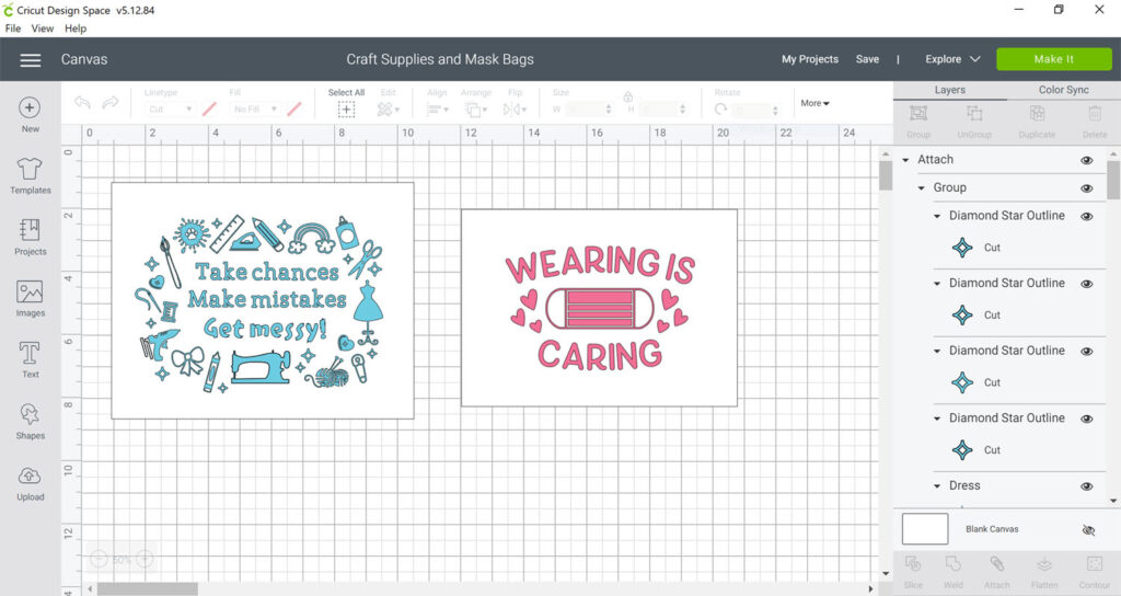 Screenshot of Cricut Design Space showing cosmetic bag designs