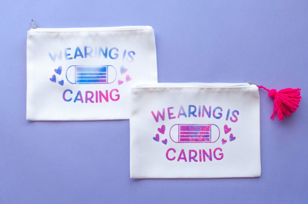 Comparison of two cosmetic bags illustrating effect of applying Infusible Ink improperly