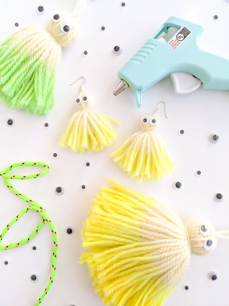 Dip dyed ghost tassel earrings dipped in neon yellow and green