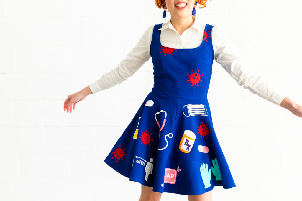 Close up of craft blogger dressed in DIY Ms. Frizzle Costume