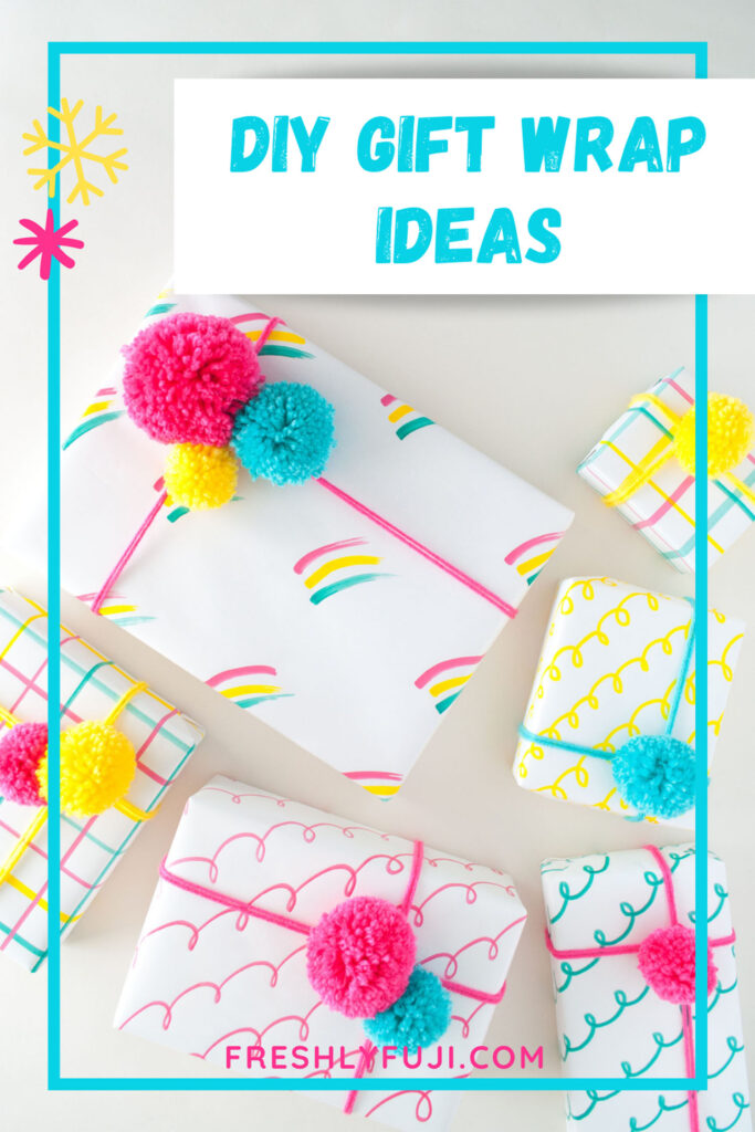 Holiday Gift Wrap hacks post for Pinterest. Photo shows 6 presents wrapped in hand drawn gift wrap. The colors used are hot pink, yellow and teal.