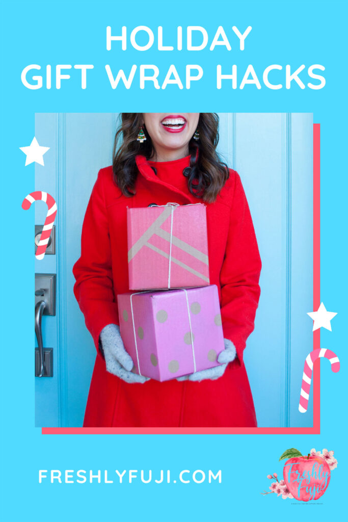 Holiday Gift Wrap hacks post for Pinterest. Blaire from Freshly Fuji holding two spray painted presents.