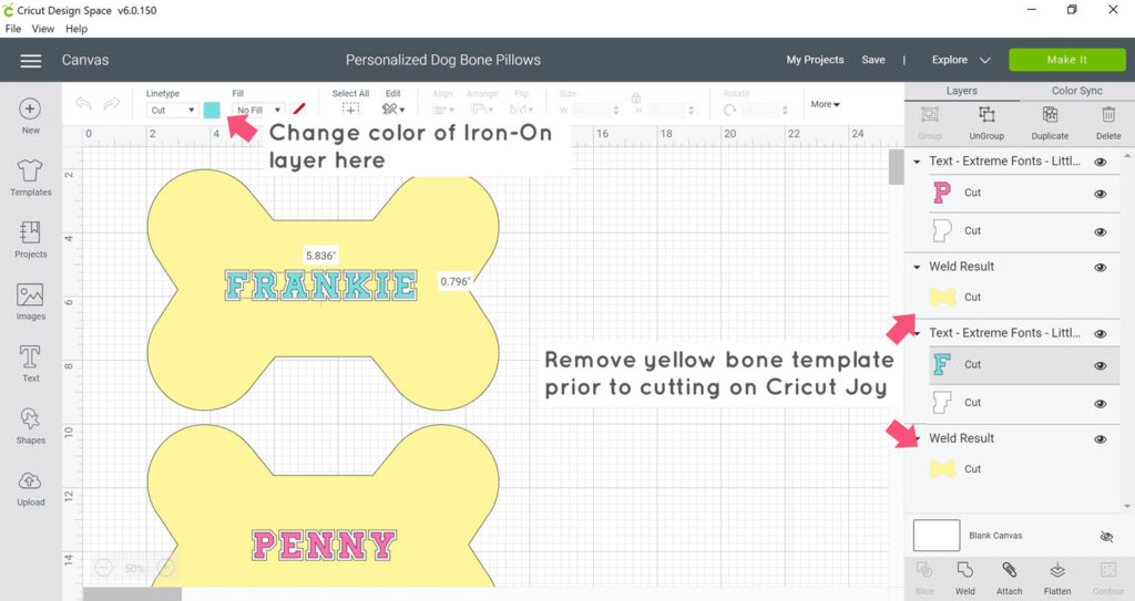 Screenshot of Design Space app indicating how to change color of iron-on layers.