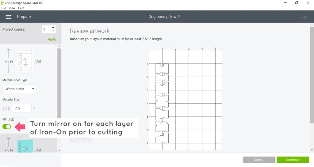 Screenshot of Cricut Design Space demonstrating where to turn on mirror.