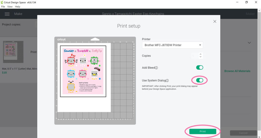 Screenshot of Cricut Design Space demonstrating print set up process. A window is open with "Print setup" at the top. The designated printer is selected and "Add Bleed" and "Use System Dialog" are turned on. A green Print button is at the bottom.