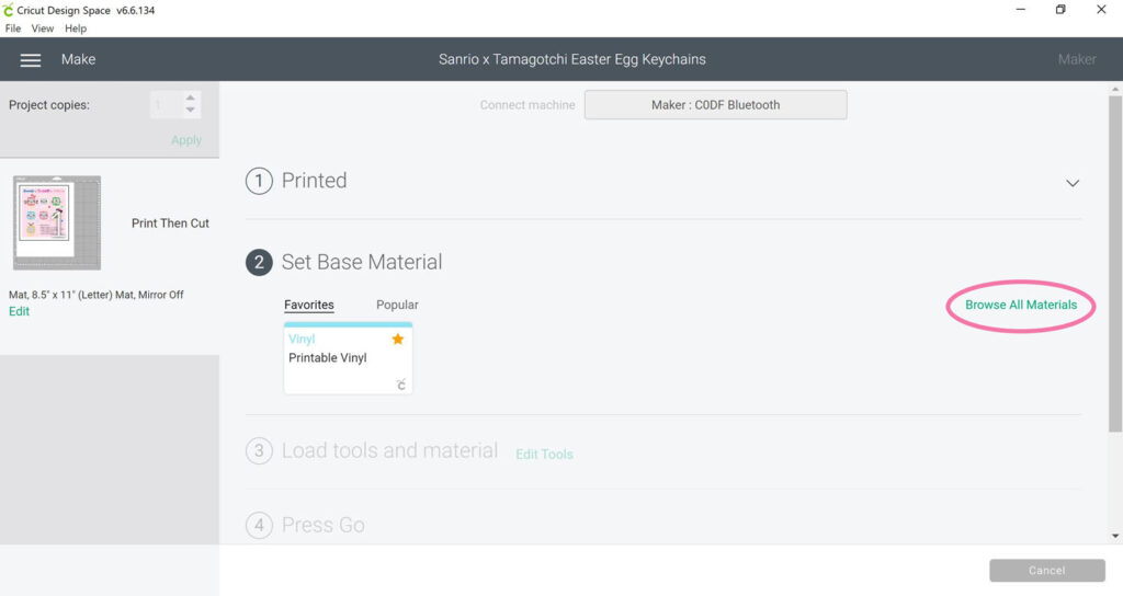 Screenshot of Cricut Design Space demonstrating how to set base material. The "Browse All Materials" link is circled.