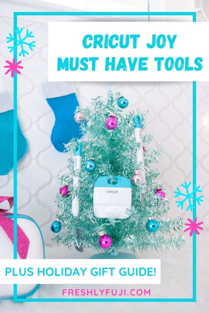 Cricut Joy tools on a aqua mini tree. Image for Pinterest.