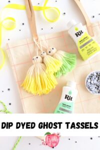 Neon dyed ghost tassels on a canvas bag. Photo for Pinterest.