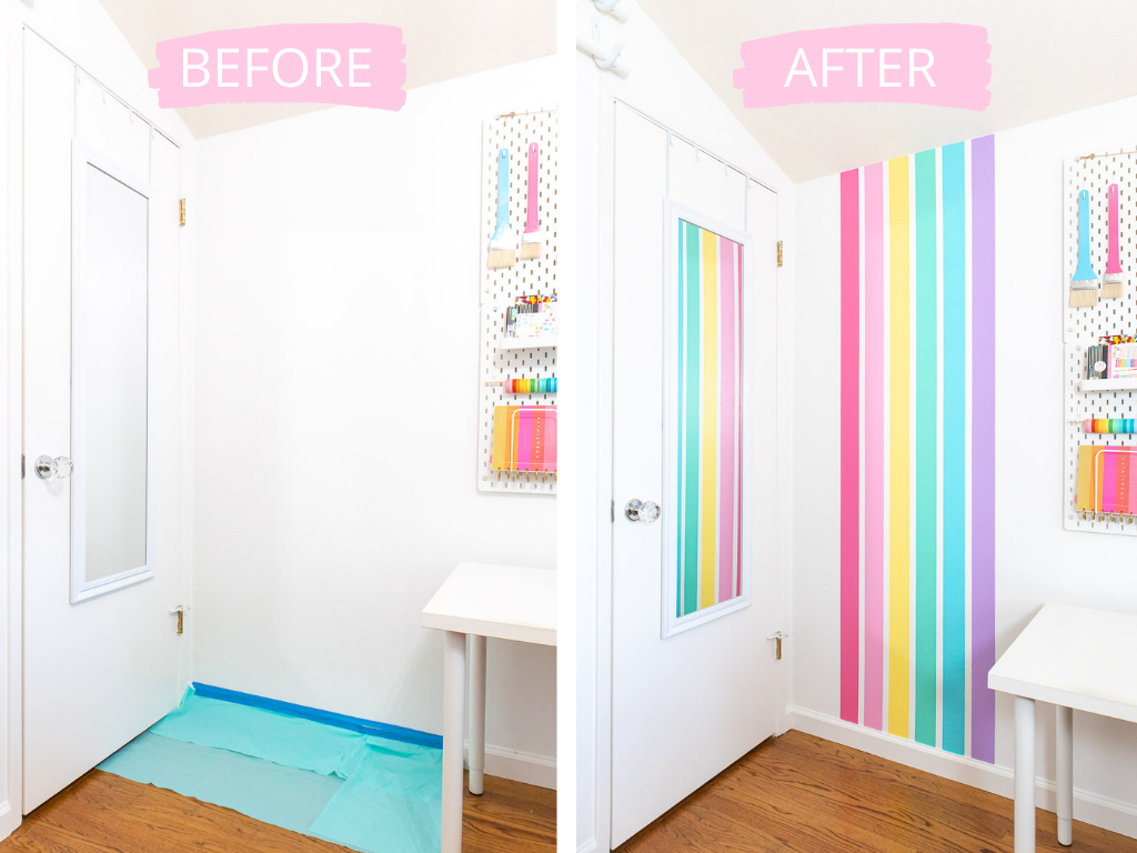 Before and after comparison of rainbow stripe wall.