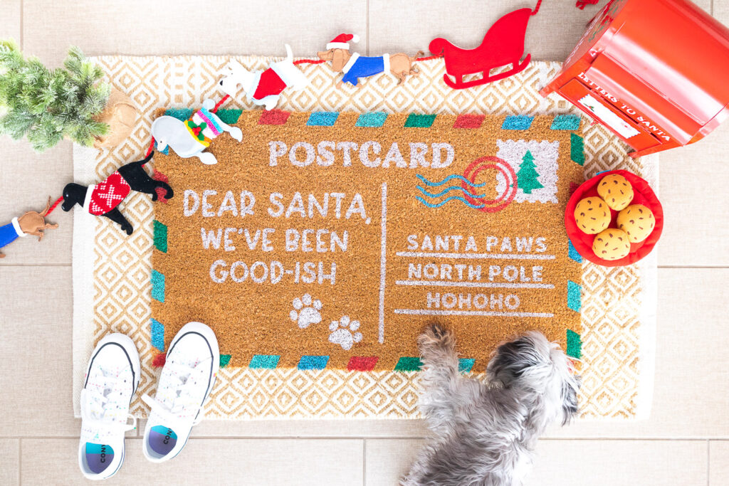 Frankie, a small gray dog is sniffing the completed postcard doormat. There is a felt dog garland, a red mini mailbox, a plate of cookies dog toy, and a pair of white sneakers around the doormat.