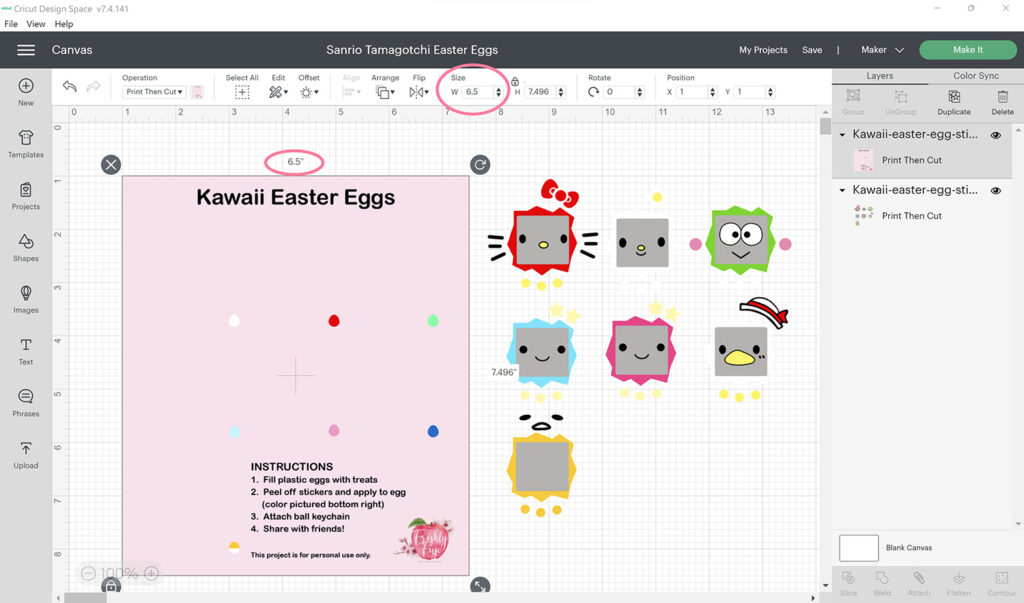 Resizing Sanrio easter egg designs in Design Space.