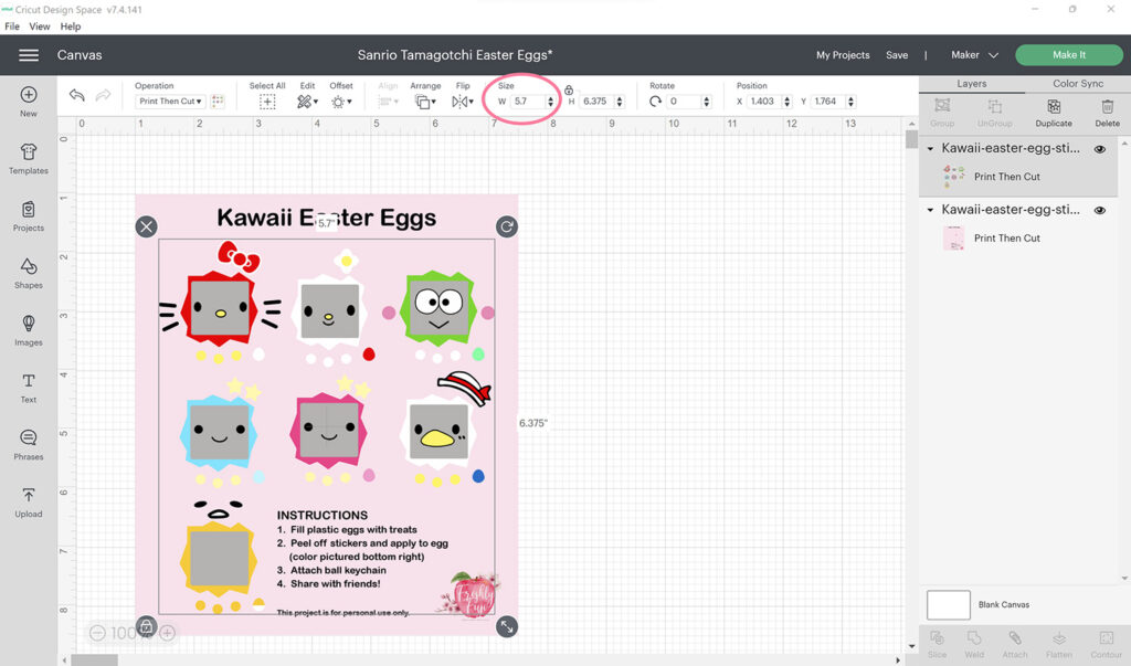 Resizing Sanrio easter egg stickers in Design Space.