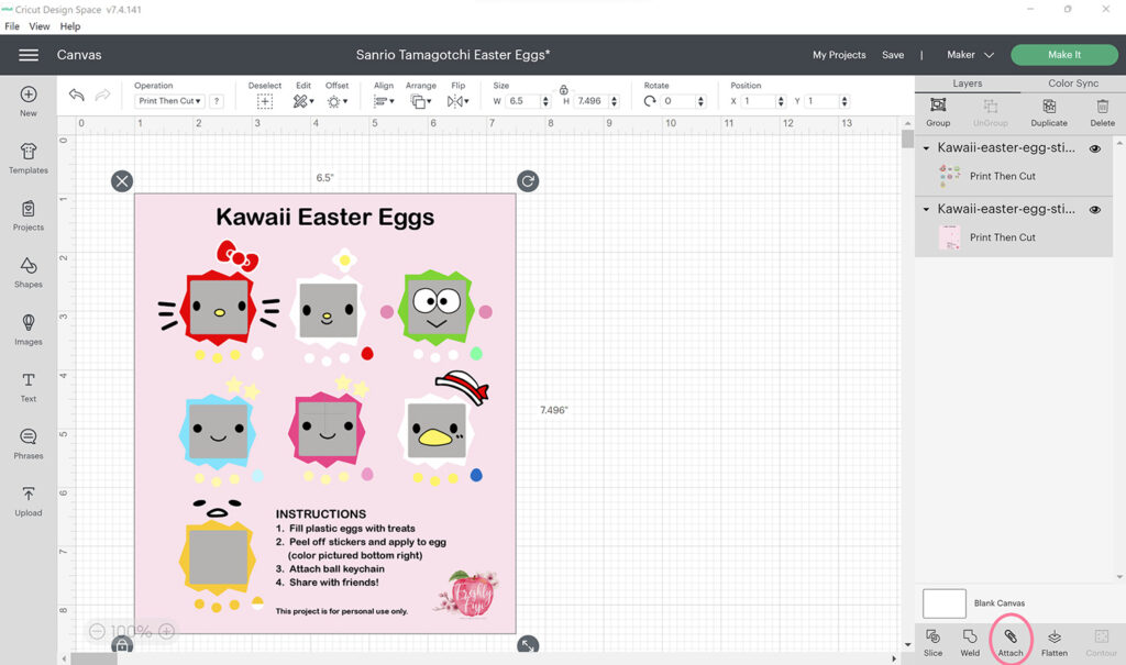 Attaching sticker sheet designs in Cricut Design Space.