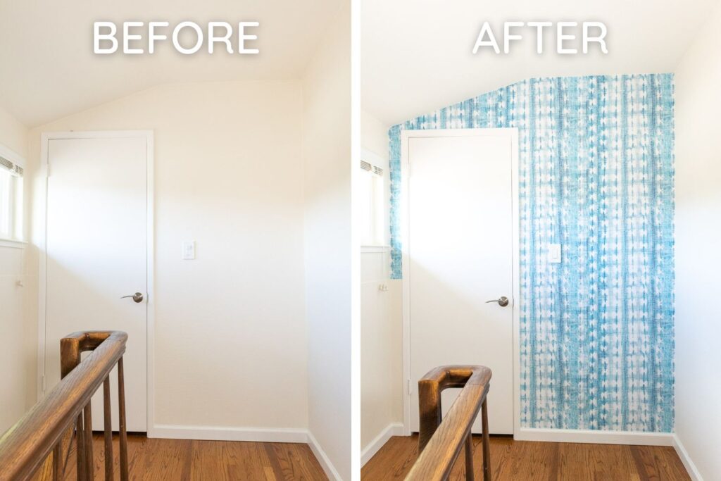 Before and after of accent wall. The first photo shows an ivory wall with a door frame. The second photo shows the blue wallpaper walls.