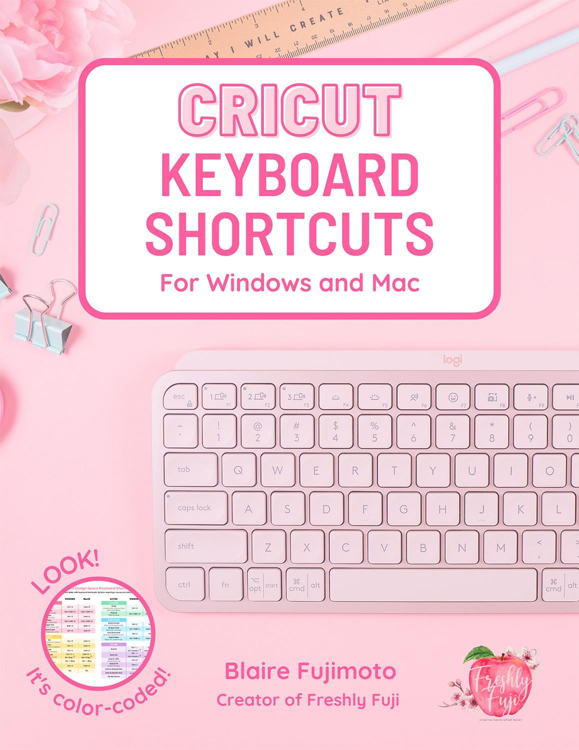 Cricut Keyboard Shortcuts cover page featuring a photo of a pink keyboard.