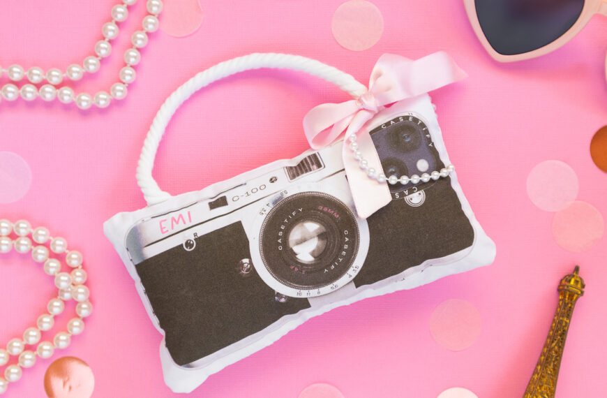 DIY Emily in Paris-inspired dog toy made to look like a real vintage camera. The toy is placed on a pink backdrop and is styled with pearls, pink heart sunglasses, an Eiffel tower figuring and light pink confetti.