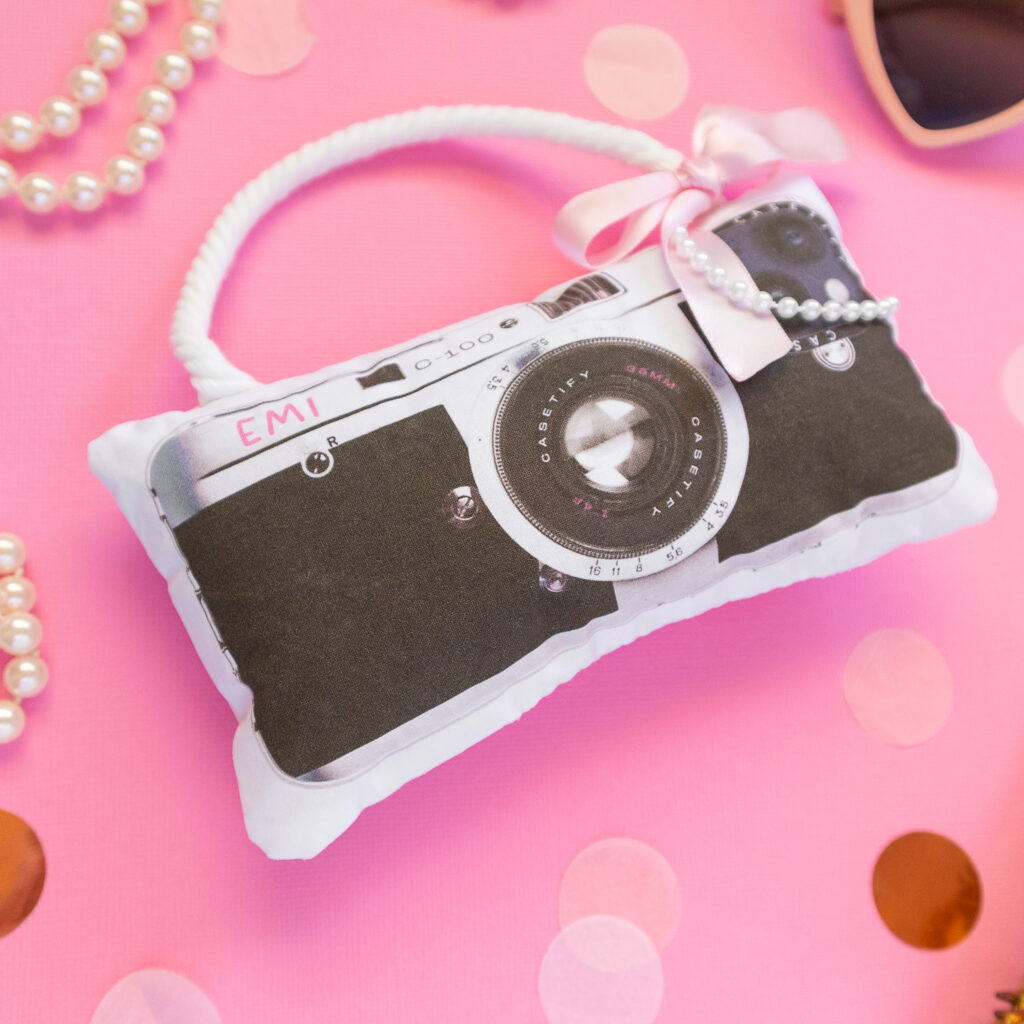 Close up of Emily in Paris inspired camera dog toy. The toy is designed to look like a vintage camera with a white rope handle. It's placed on a pink backdrop and styled with light pink confetti.