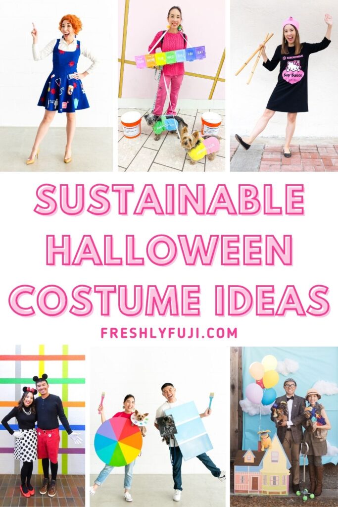 Sustainable Halloween Costume Ideas pin featuring photos of colorful DIY costumes made by Blaire from Freshly Fuji. 