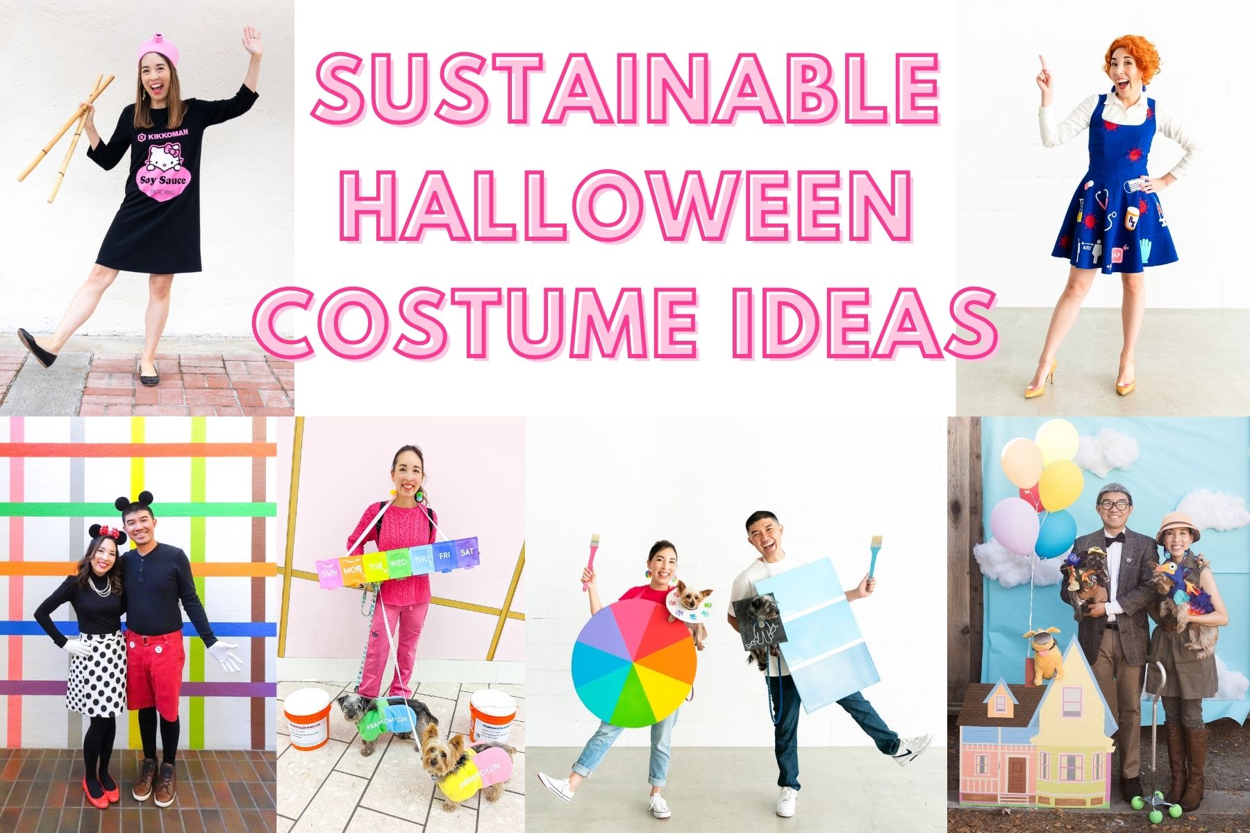 A cover photo titled "Sustainable Halloween Costume Ideas" featuring photos of different costumes made by Blaire of Freshly Fuji.