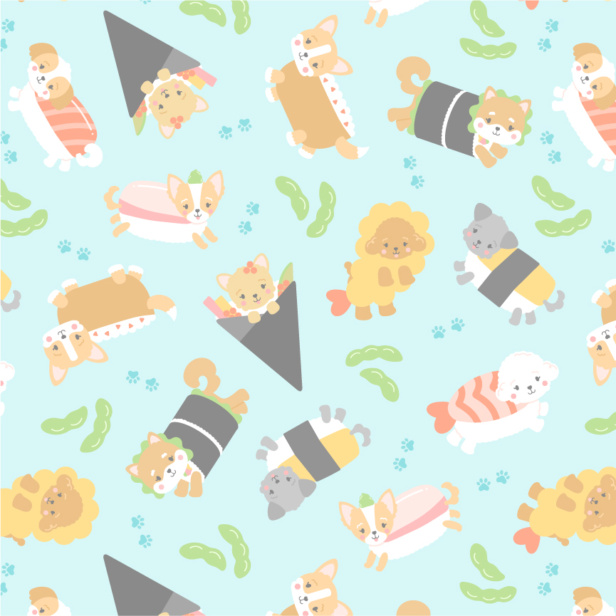 A repeat pattern featuring kawaii dogs dressed as sushi.
